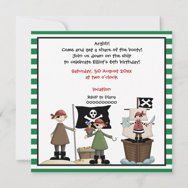 Pirate kids birthday party invitation-green border invitation (Front)