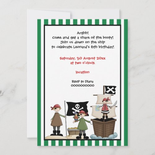 Pirate kids birthday party invitation_green border invitation