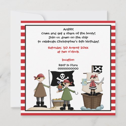 Pirate kids birthday party invitation_ red border invitation