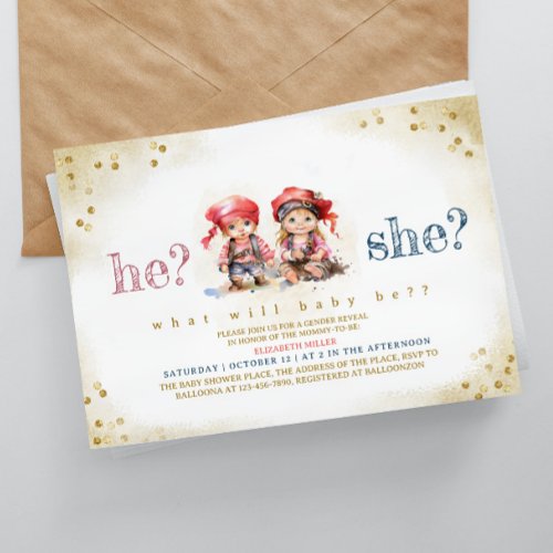 Pirate Kids He Or She Gender Reveal Baby Shower Invitation