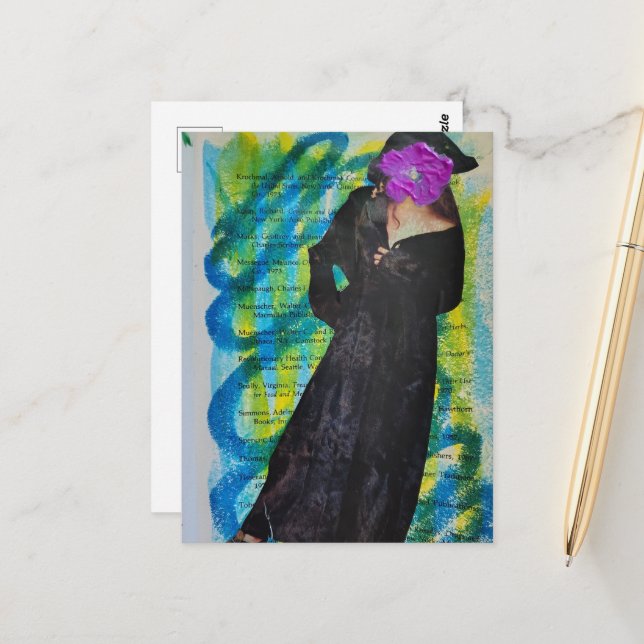 Pirate Lady With Purple Flower Face Mixed Media Postcard (Front/Back In Situ)