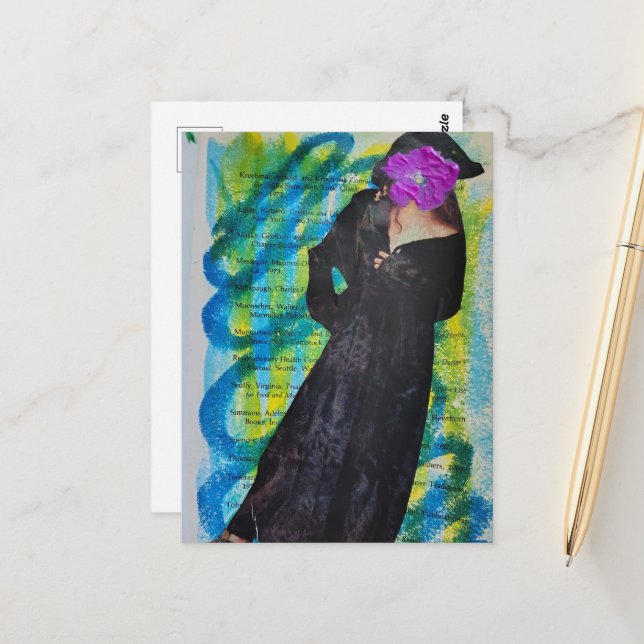Pirate Lady With Purple Flower Face Mixed Media Postcard (Front/Back In Situ)
