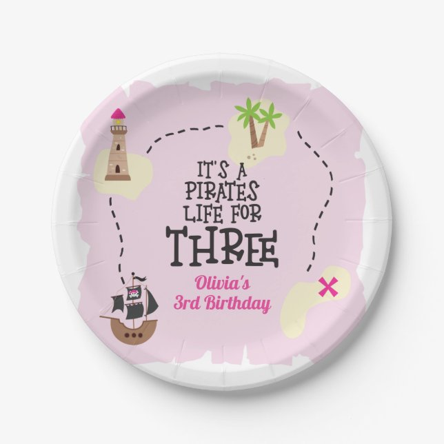 Pirate life for THREE me Pink Birthday Paper Plates (Front)