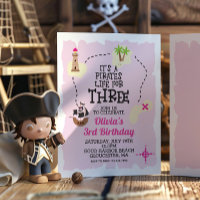 Pirate life for THREE Pink Birthday Invitation
