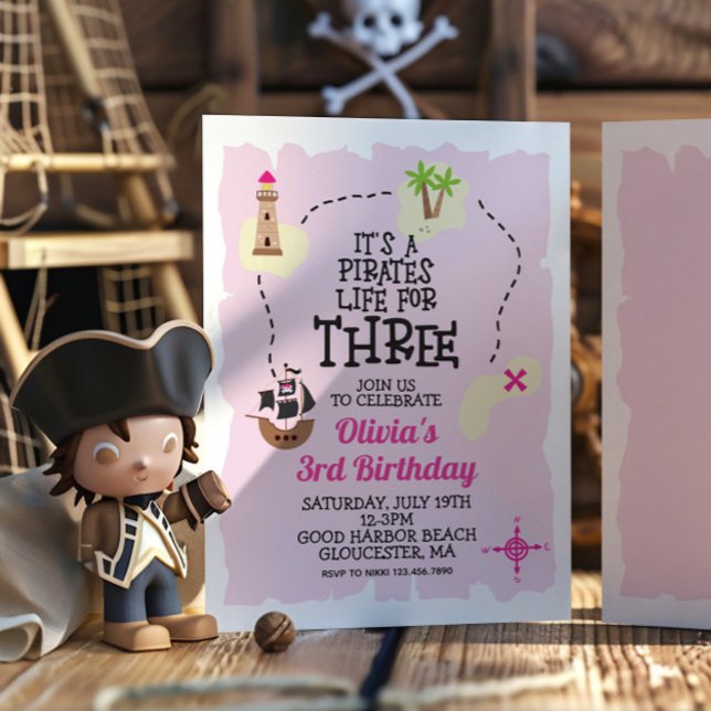 Pirate life for THREE Pink Birthday Invitation (Creator Uploaded)