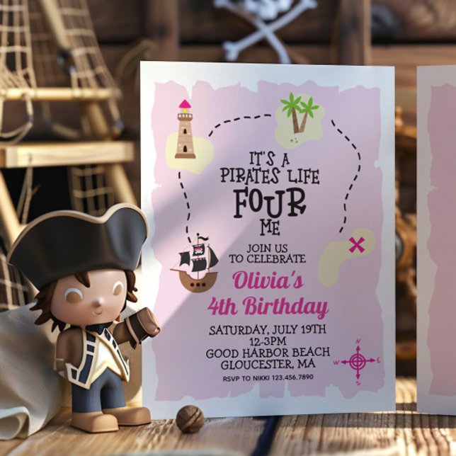 Pirate life FOUR me Pink Birthday Invitation (Creator Uploaded)