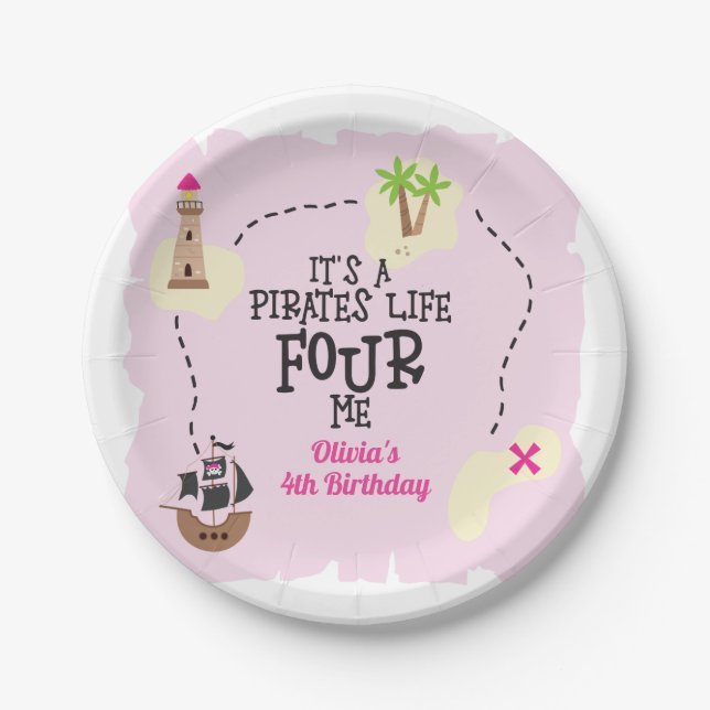 Pirate life FOUR me Pink Birthday Paper Plates (Front)