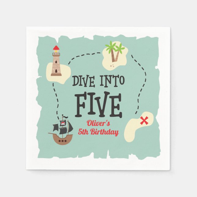 Pirate Map Dive into Five 5th Birthday Napkins (Front)