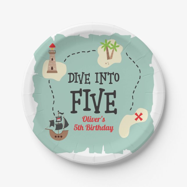 Pirate Map Dive into Five 5th Birthday Paper Plates (Front)