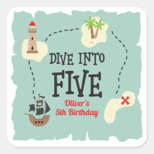 Pirate Map Dive into Five 5th Birthday Square Sticker