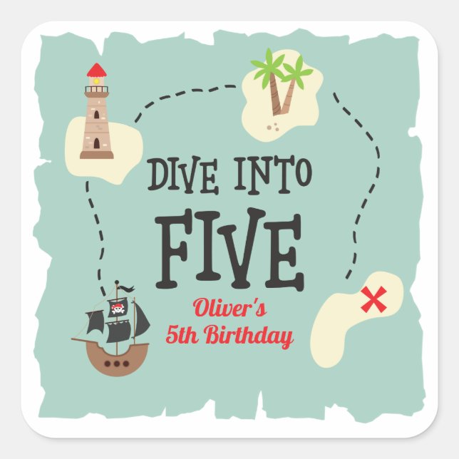 Pirate Map Dive into Five 5th Birthday Square Sticker (Front)