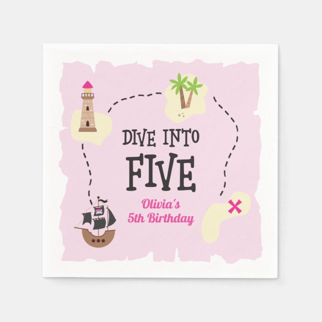 Pirate Map dive into five Pink 5th Birthday Napkins (Front)