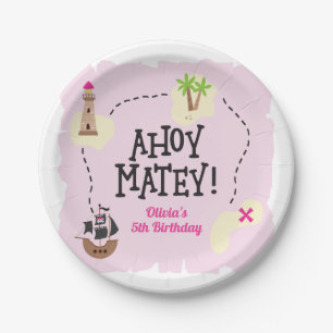 Pirate Map Pink Birthday Paper Plates