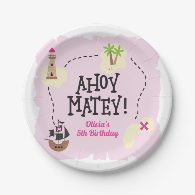 Pirate Map Pink Birthday Paper Plates (Front)