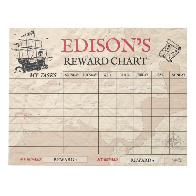 Pirate Map Reward Chart Personalized Name Tasks Notepad (Front)