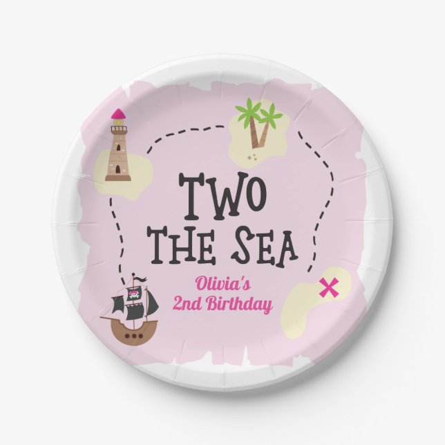 Pirate Map Two the Sea Pink Birthday Paper Plates (Front)