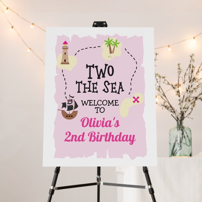 Pirate Map Two the Sea Pink Birthday Welcome Foam Board (In Situ (Stand))