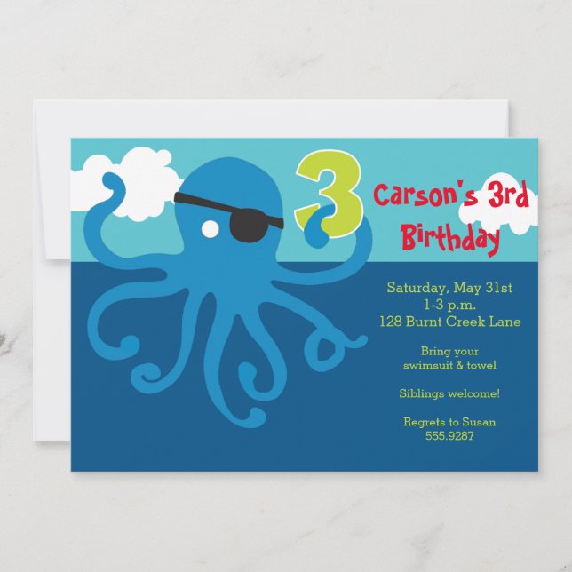 Pirate Octopus 3rd Birthday Swim Party Invite (Front)