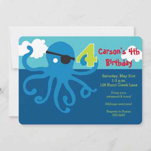 Pirate Octopus 4th Birthday Swim Party Invite