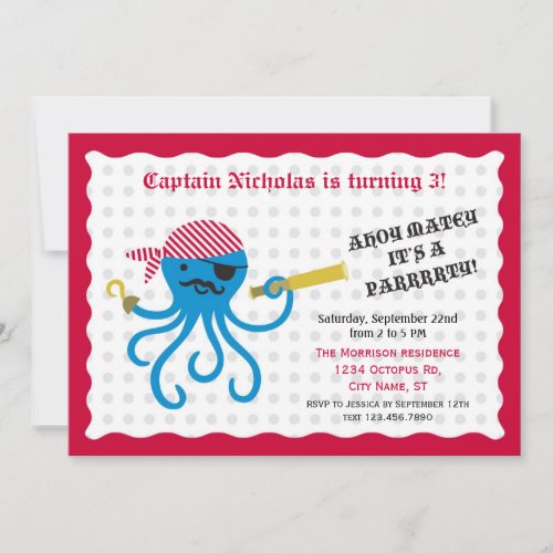 Pirate Octopus Birthday Party Invitation