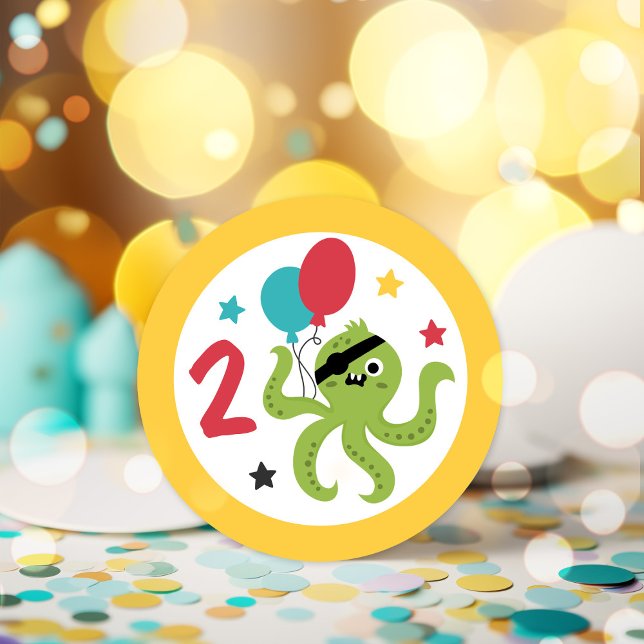 Pirate Octopus Boy Birthday Party Classic Round Sticker (Creator Uploaded)