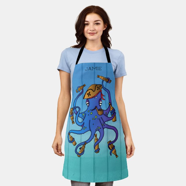 Pirate Octopus Drinking Rum Funny Nautical Apron (Worn)