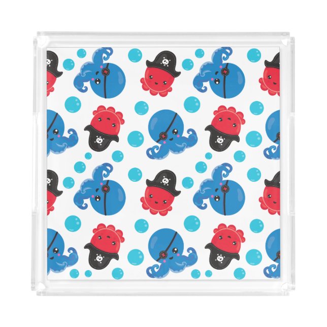 Pirate Octopus, Octopus Pattern, Sea Animals Acrylic Tray (Front)