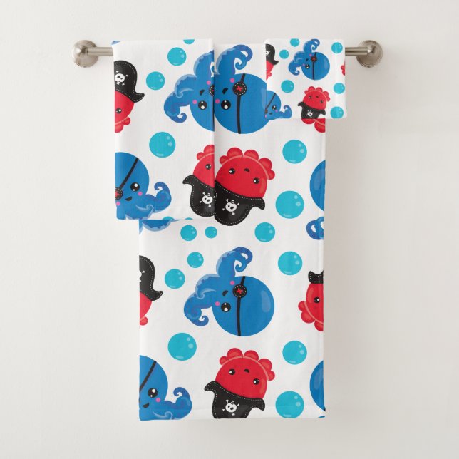 Pirate Octopus, Octopus Pattern, Sea Animals Bath Towel Set (Insitu)