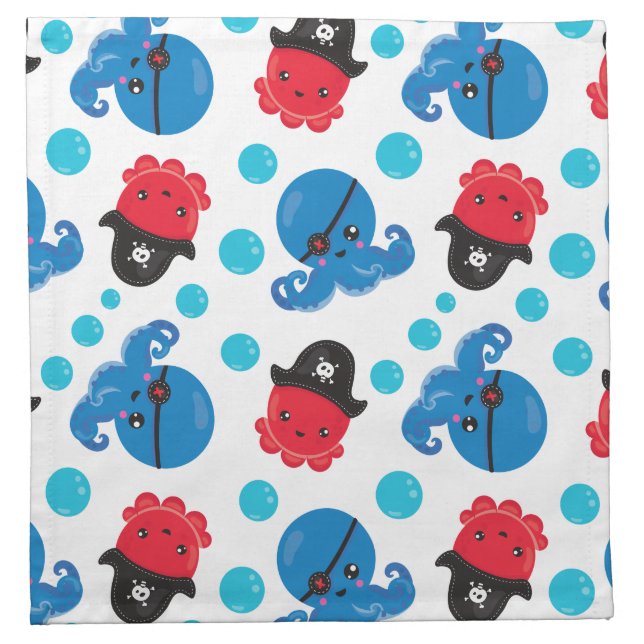 Pirate Octopus, Octopus Pattern, Sea Animals Cloth Napkin (Front)