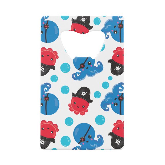 Pirate Octopus, Octopus Pattern, Sea Animals Credit Card Bottle Opener (Front)