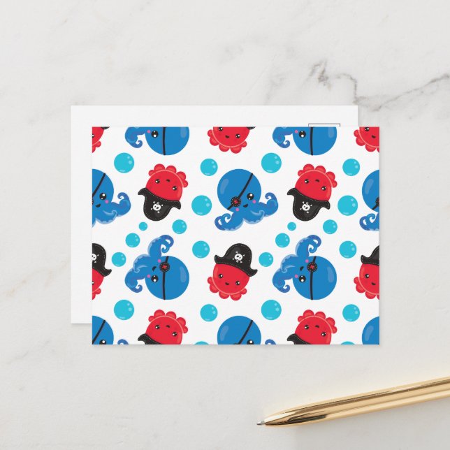 Pirate Octopus, Octopus Pattern, Sea Animals Postcard (Front/Back In Situ)