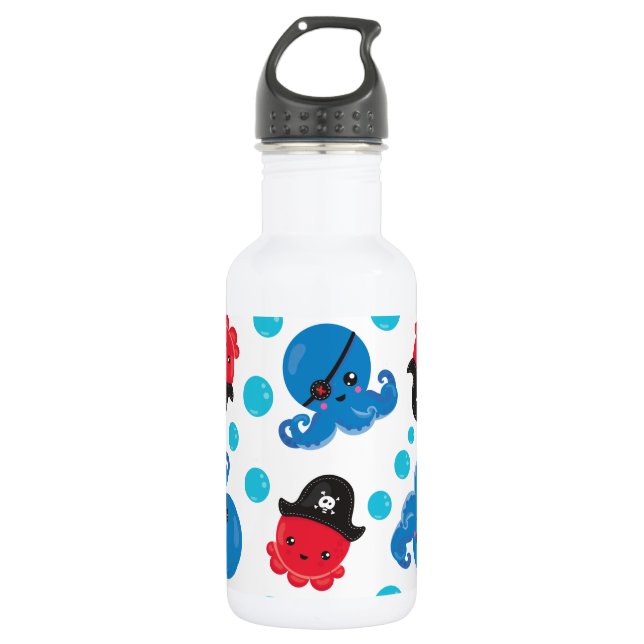 Pirate Octopus, Octopus Pattern, Sea Animals Stainless Steel Water Bottle (Front)