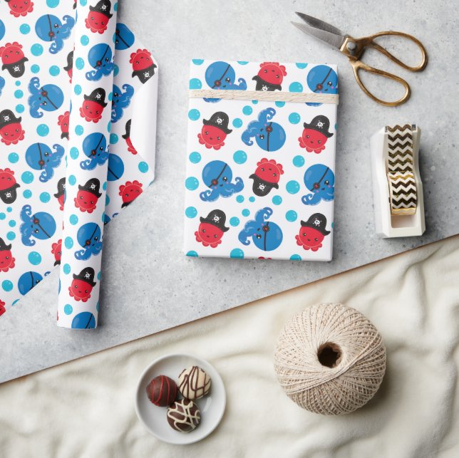 Pirate Octopus, Octopus Pattern, Sea Animals Wrapping Paper (Crafts)