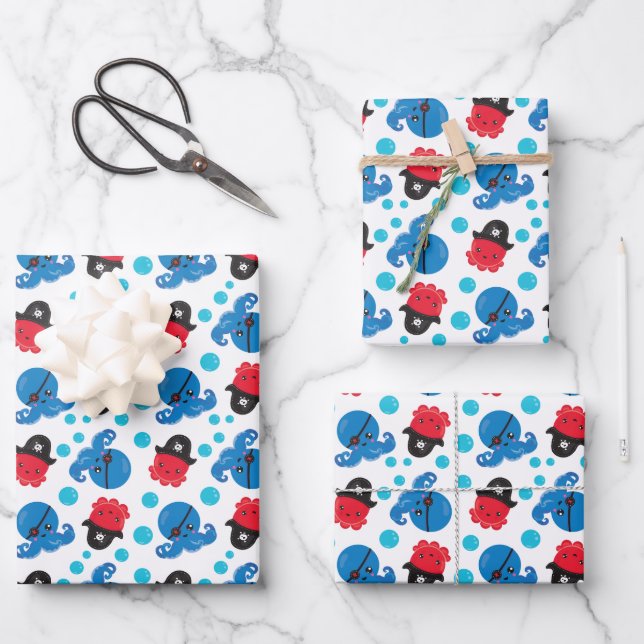 Pirate Octopus, Octopus Pattern, Sea Animals Wrapping Paper Sheets (Front)