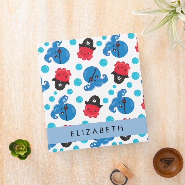 Pirate Octopus, Octopus Pattern, Sea, Your Name 3 Ring Binder (In Situ)