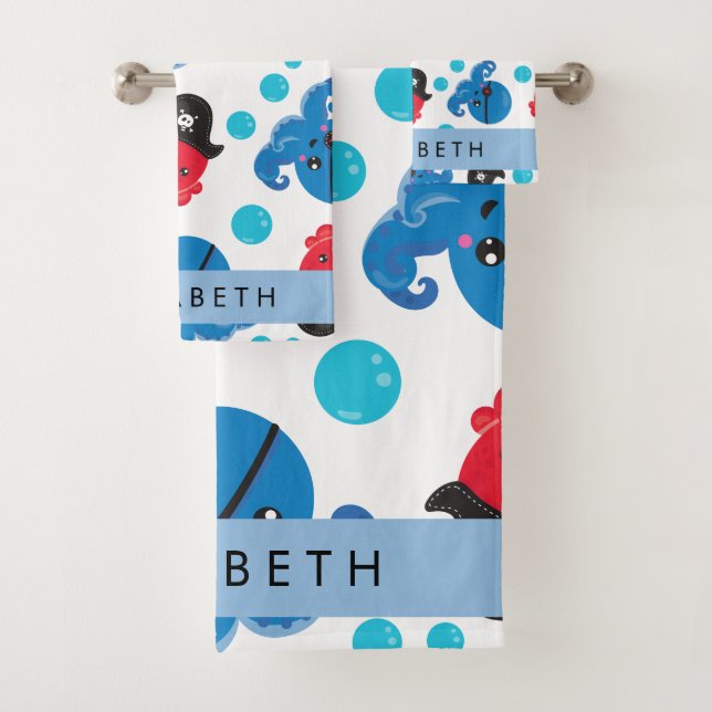 Pirate Octopus, Octopus Pattern, Sea, Your Name Bath Towel Set (Insitu)
