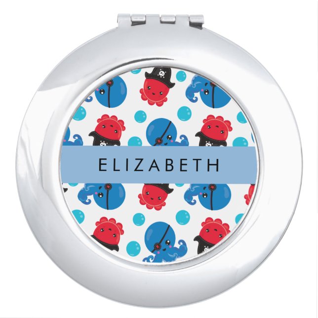 Pirate Octopus, Octopus Pattern, Sea, Your Name Compact Mirror (Front)
