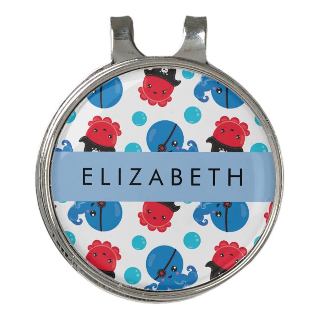 Pirate Octopus, Octopus Pattern, Sea, Your Name Golf Hat Clip (Front)