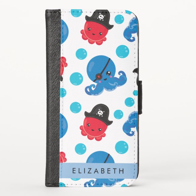 Pirate Octopus, Octopus Pattern, Sea, Your Name iPhone Wallet Case (Front)