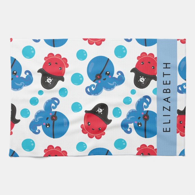 Pirate Octopus, Octopus Pattern, Sea, Your Name Kitchen Towel (Horizontal)