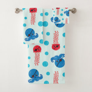 Pirate Octopus, Pirate Jellyfish, Sea Animals Bath Towel Set