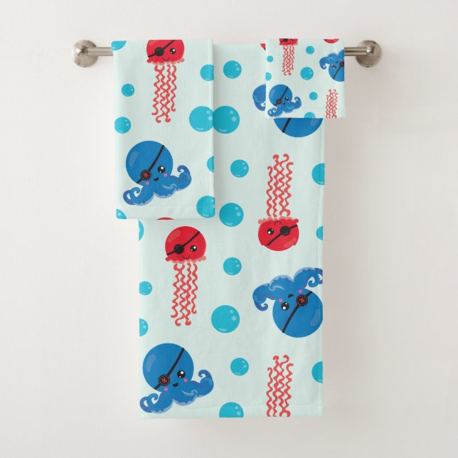Pirate Octopus, Pirate Jellyfish, Sea Animals Bath Towel Set (Insitu)