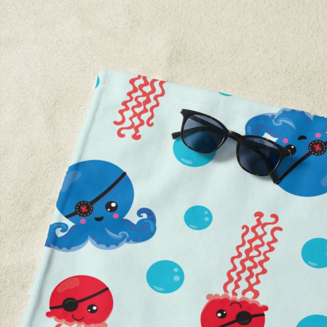 Pirate Octopus, Pirate Jellyfish, Sea Animals Beach Towel (In Situ)