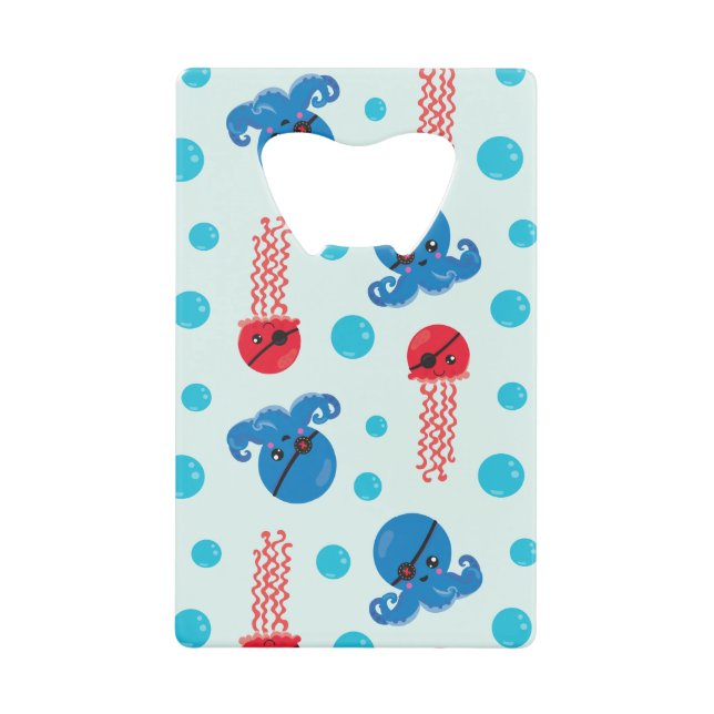 Pirate Octopus, Pirate Jellyfish, Sea Animals Credit Card Bottle Opener (Front)