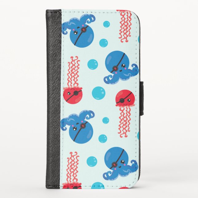 Pirate Octopus, Pirate Jellyfish, Sea Animals iPhone Wallet Case (Front)