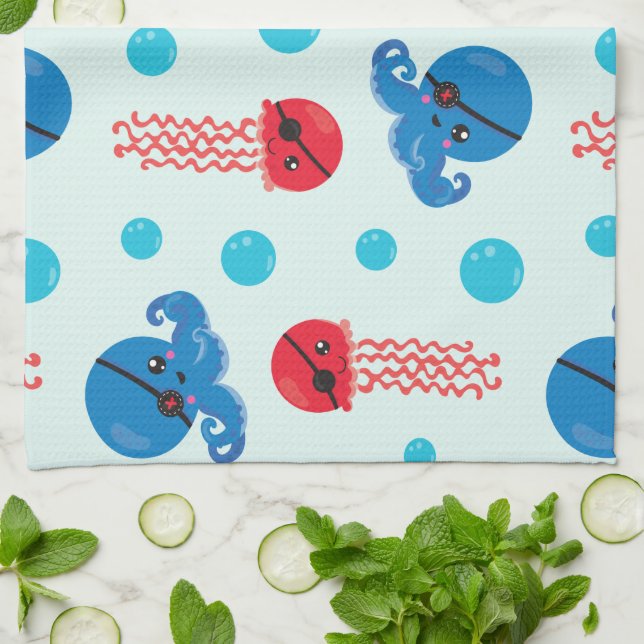 Pirate Octopus, Pirate Jellyfish, Sea Animals Kitchen Towel (Folded)