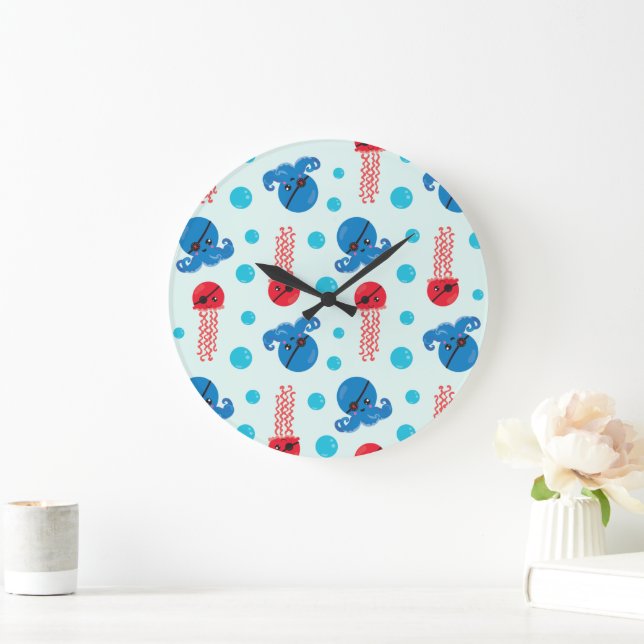 Pirate Octopus, Pirate Jellyfish, Sea Animals Large Clock (Home)