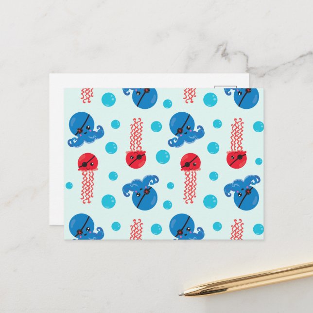 Pirate Octopus, Pirate Jellyfish, Sea Animals Postcard (Front/Back In Situ)