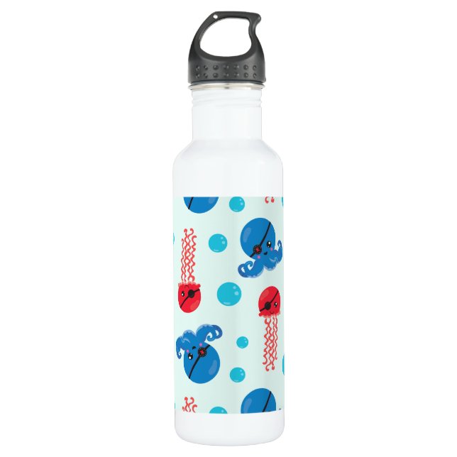 Pirate Octopus, Pirate Jellyfish, Sea Animals Stainless Steel Water Bottle (Front)