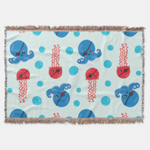 Pirate Octopus, Pirate Jellyfish, Sea Animals Throw Blanket